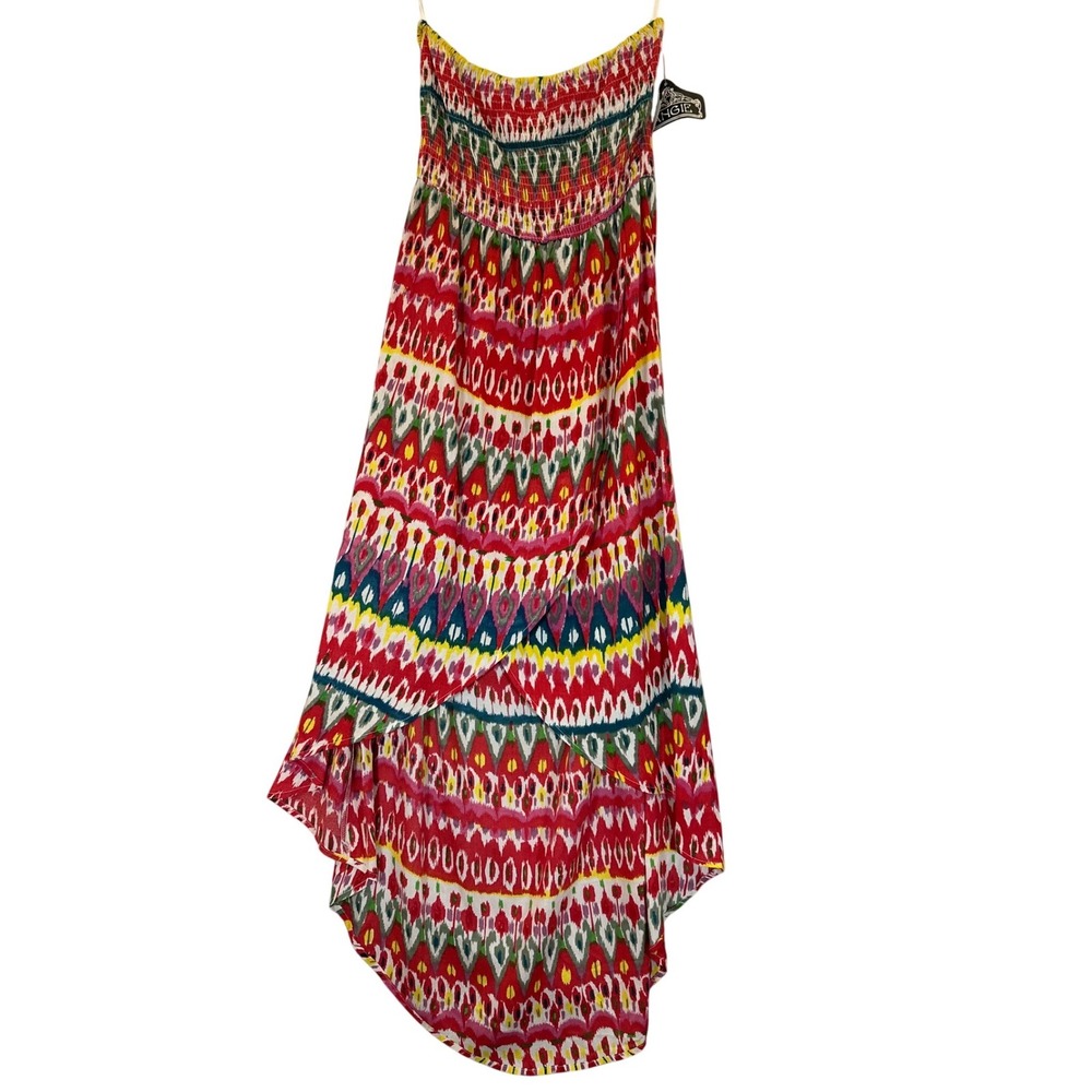 Angie NWT Strapless Smocked High Low Ikat Print Dress Sz S Red Multi Rayon India